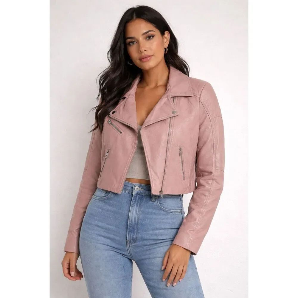 Blush Pink Cropped Moto Jacket Biker Faux Leather Zip Punk Y2K Chic Size L